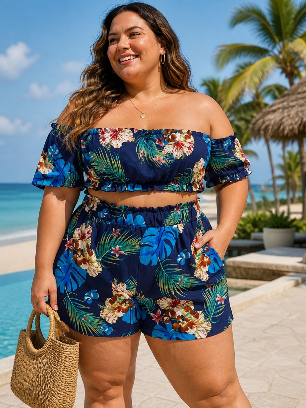 SHEIN Curve Plus Size 2XL Short Set Tropical Blue Pattern NWT Resort-wear